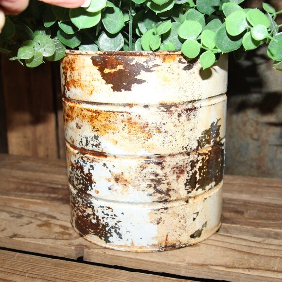 White Rustic Grungy Chippy & Aged Primitive Farmhouse Metal Can Pot w/Eucalyptus - Picture 3 of 9